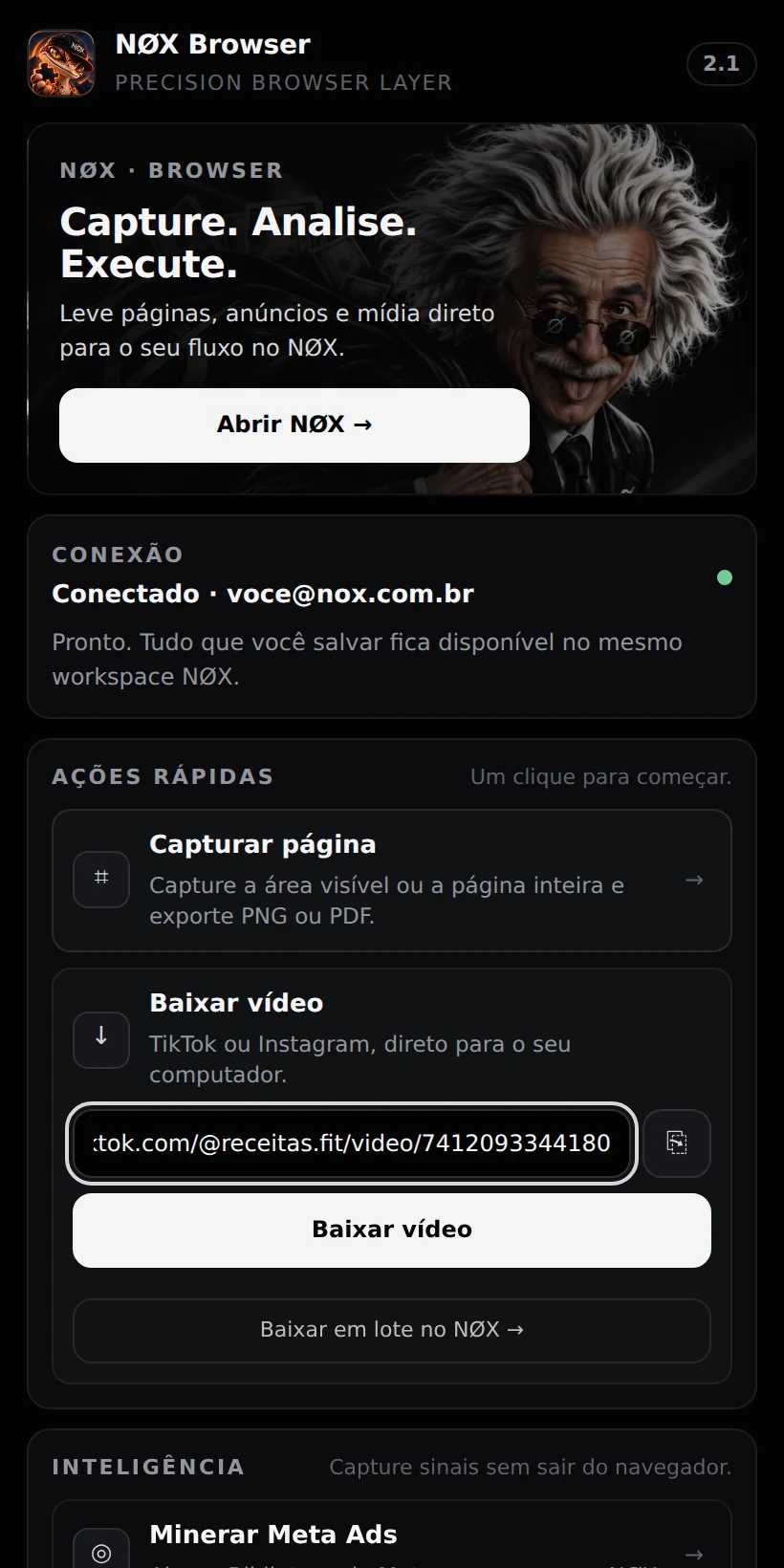 Popup real da extensão NØX conectado
