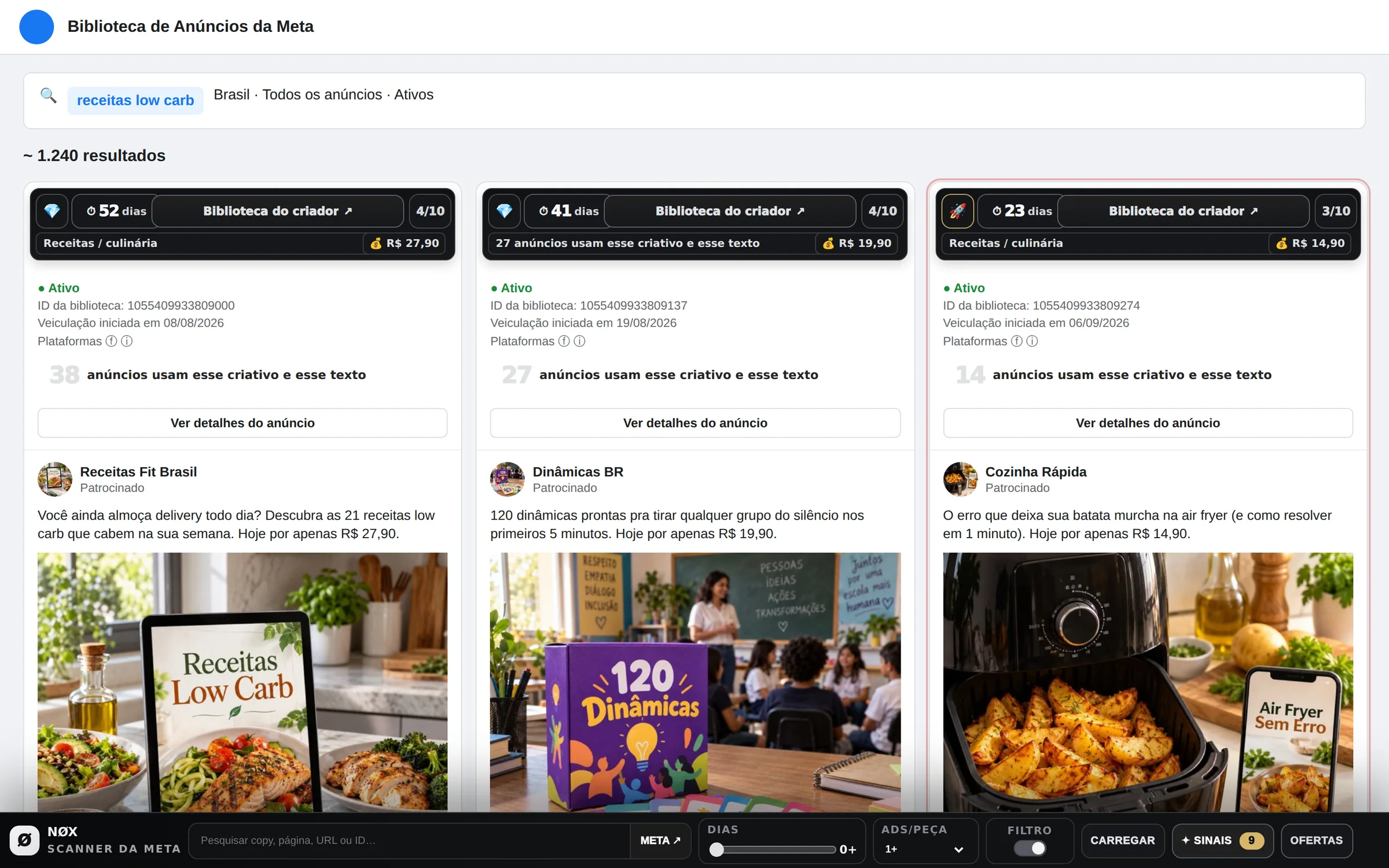 Topo da busca com badges da extensão NØX
